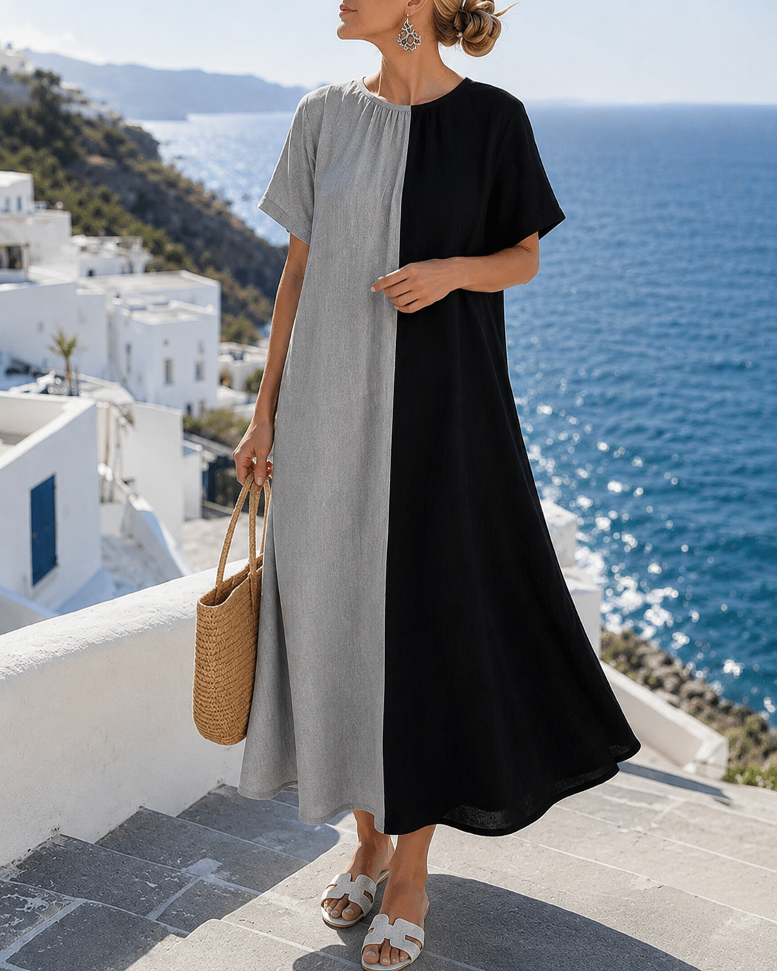 Amory™ Casual Long Dress with Round Neck and Contrasting Color