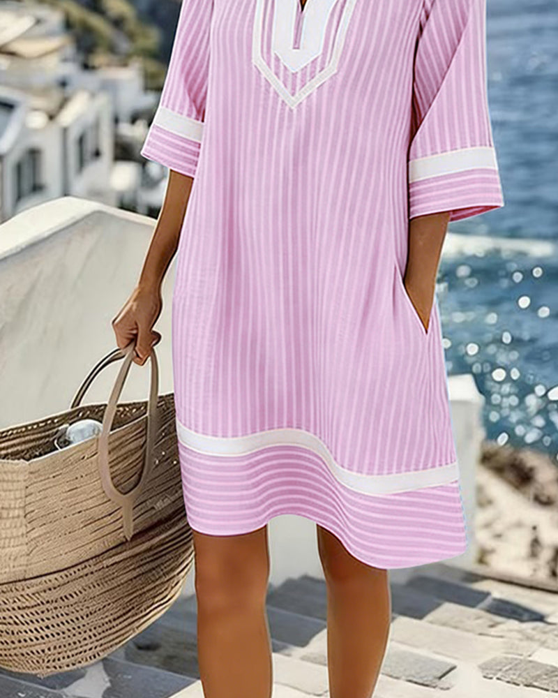 Fifer™ Short Sleeve Striped Dress with V-Neck