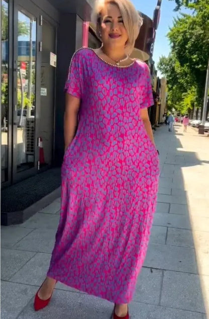 Leni™ Pink and Purple Floral Print Dress with Diamond Neckline