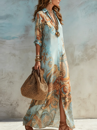 Bellune™ Baroque Style Blue Chiffon Maxi Dress with Flowers