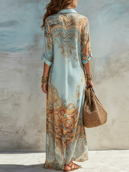 Bellune™ Baroque Style Blue Chiffon Maxi Dress with Flowers