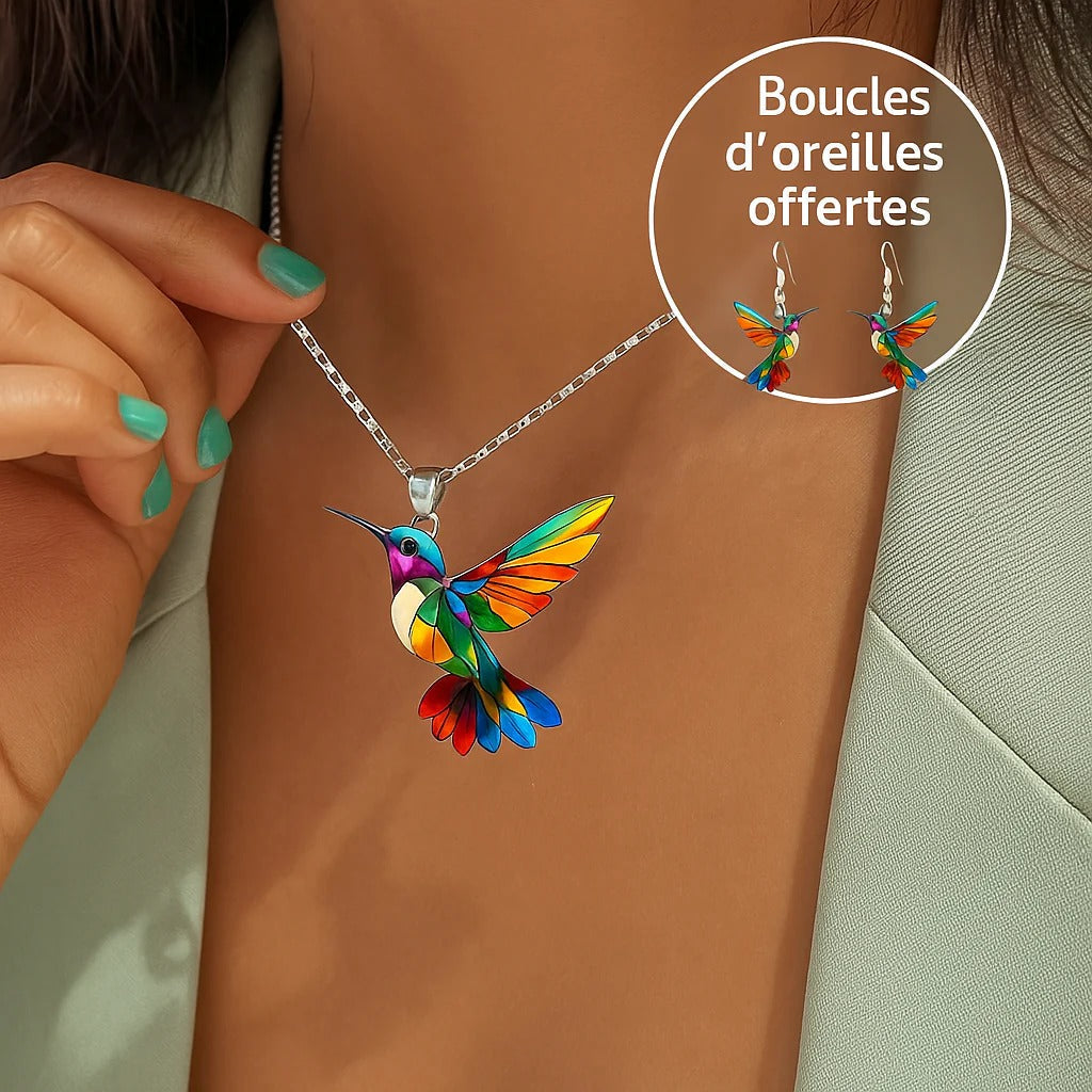 Vaila™ Rainbow Hummingbird Necklace + Matching Earrings as a Gift
