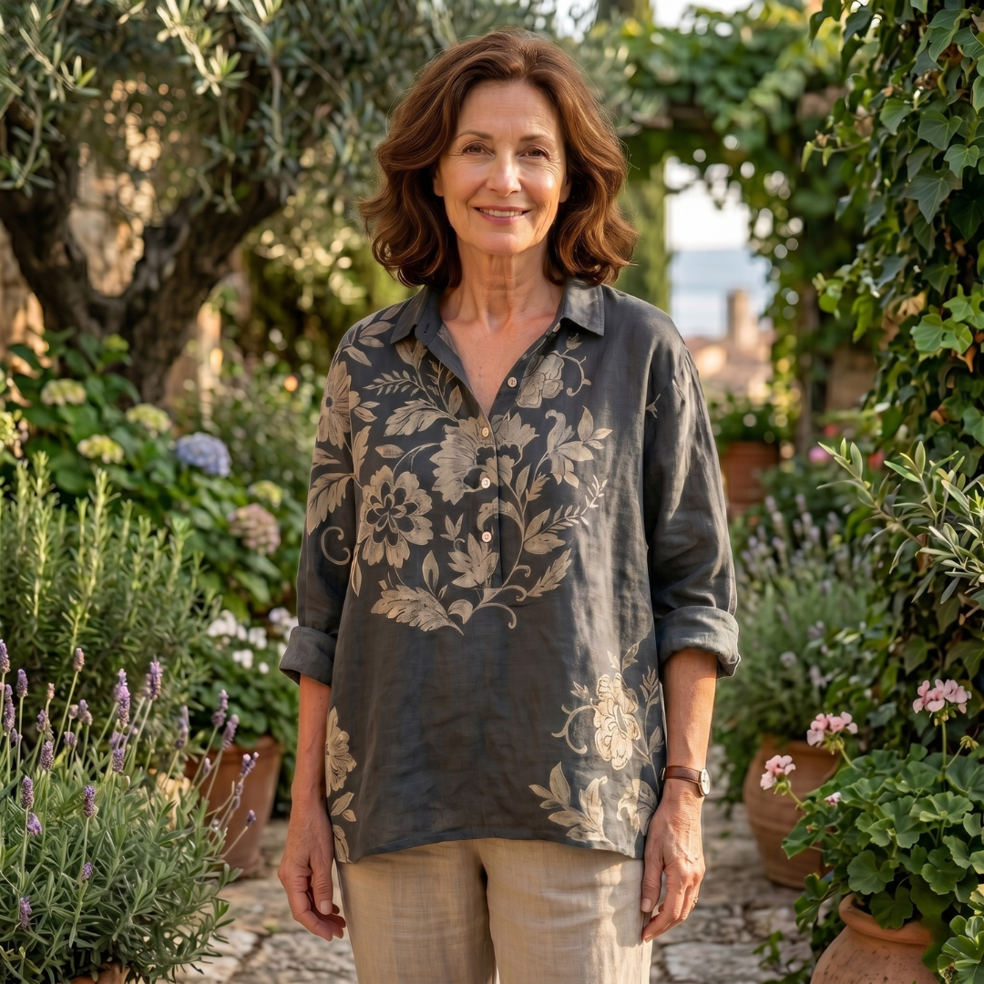 Gaia™ Elegant Linen Blouse with Floral Print