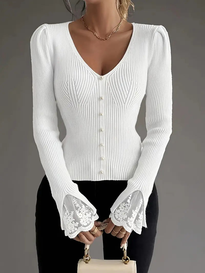 Eviorenne™ Ribbed Blouse with V-Neck and Lace Sleeves
