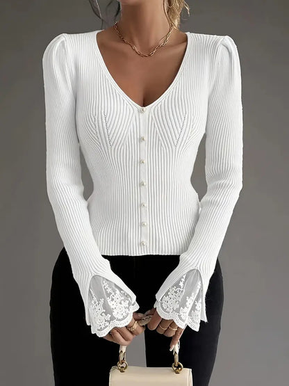 Eviorenne™ Ribbed Blouse with V-Neck and Lace Sleeves