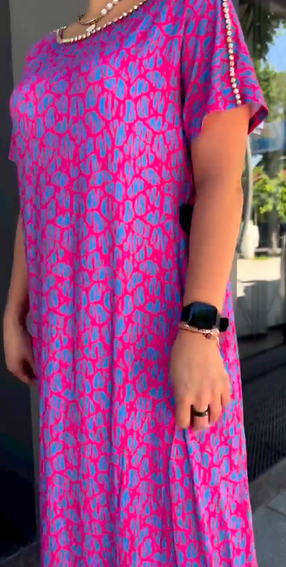 Leni™ Pink and Purple Floral Print Dress with Diamond Neckline