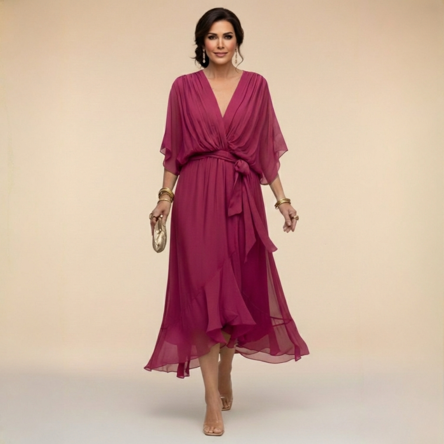 Celanovia™ Elegant Chiffon Dress with V-Neck