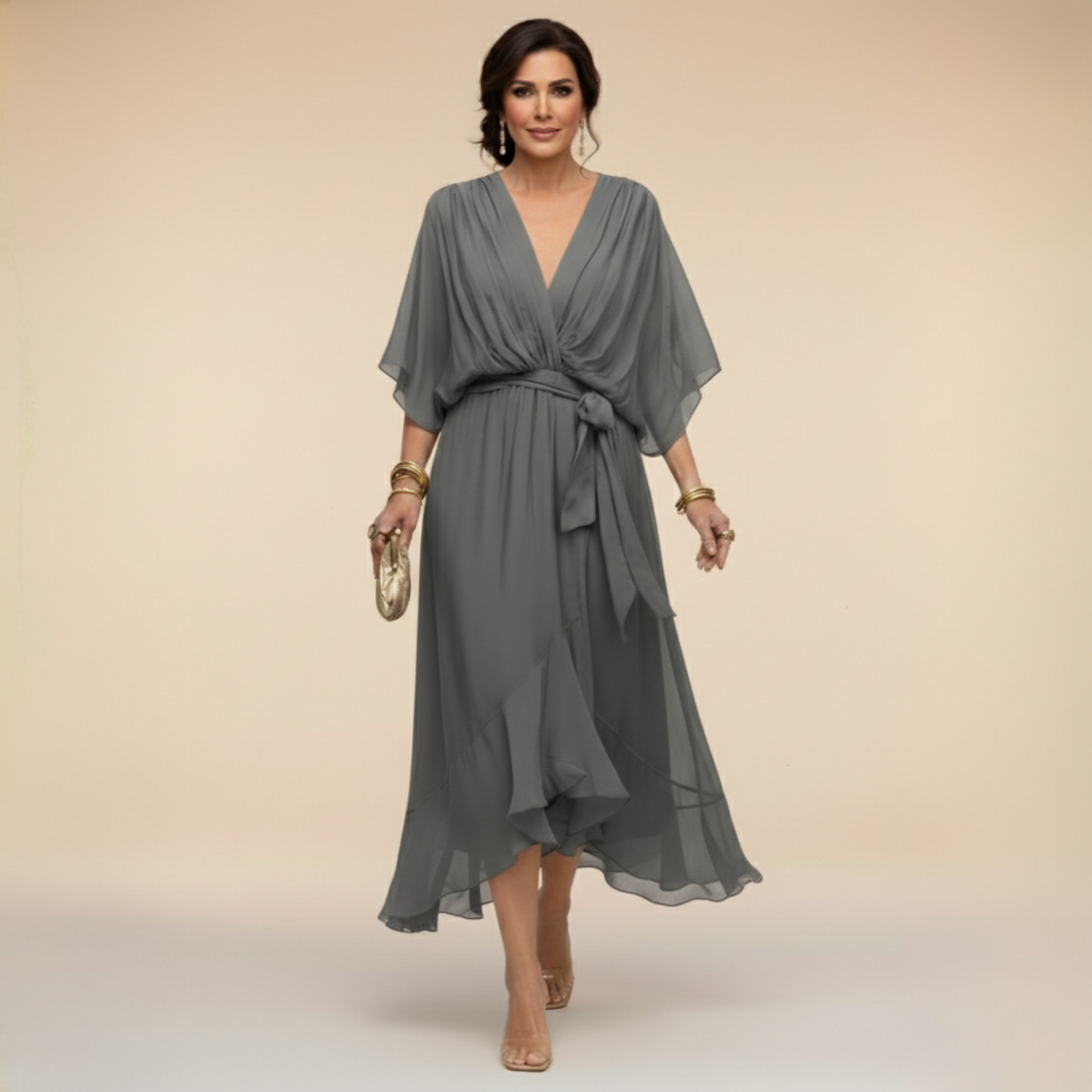 Celanovia™ Elegant Chiffon Dress with V-Neck
