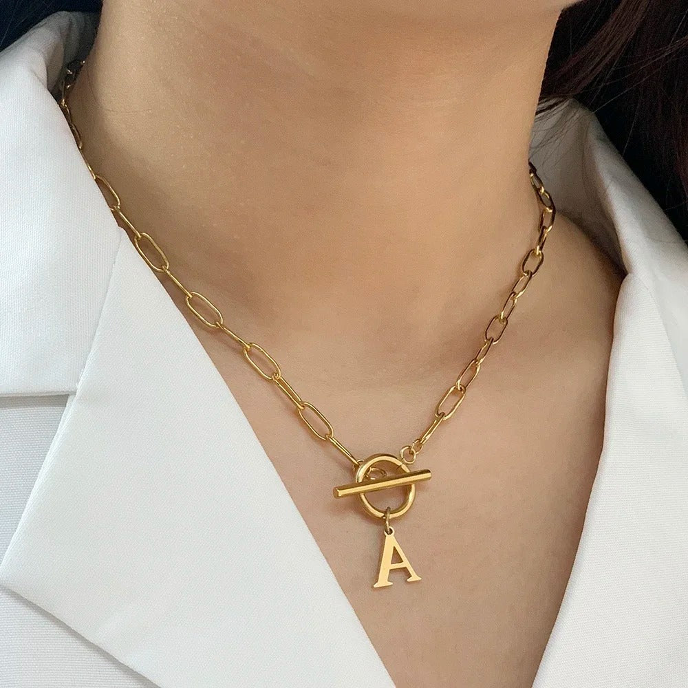 Ganelle™ Necklace with Circular Lock Closure and Initial in Paperclip Shape
