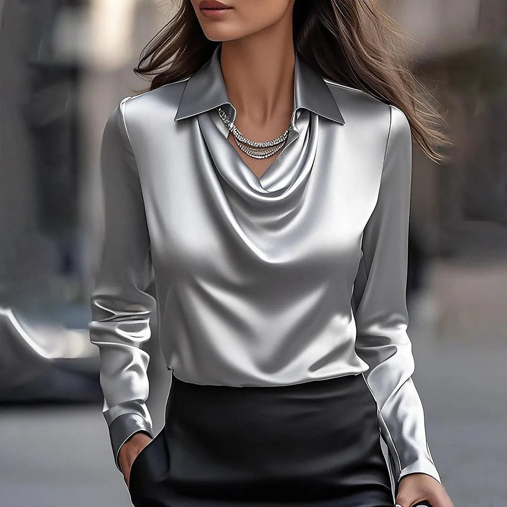 Virelle™ Elegant Satin Blouse with Draped Neckline