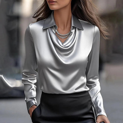 Virelle™ Elegant Satin Blouse with Draped Neckline