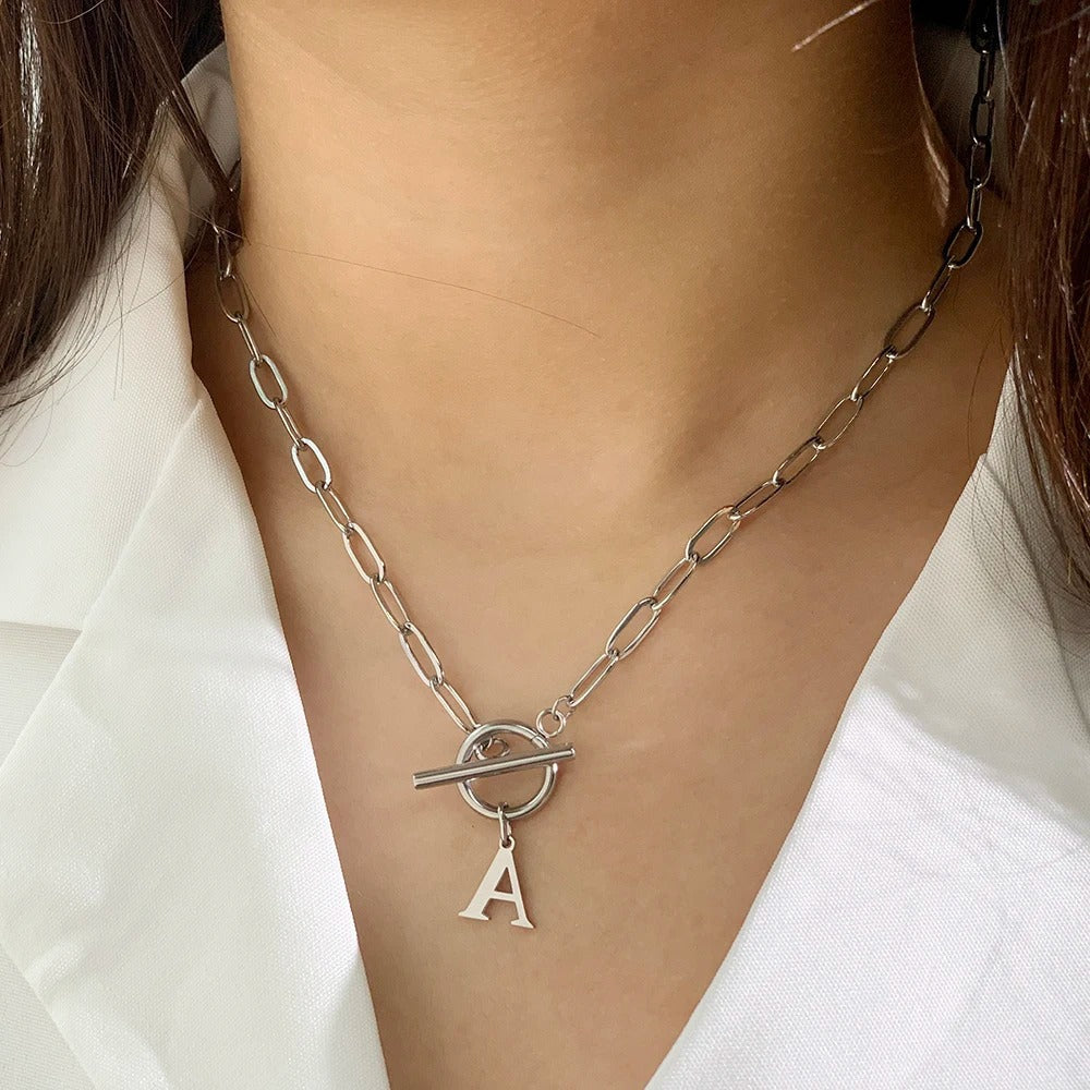 Ganelle™ Necklace with Circular Lock Closure and Initial in Paperclip Shape