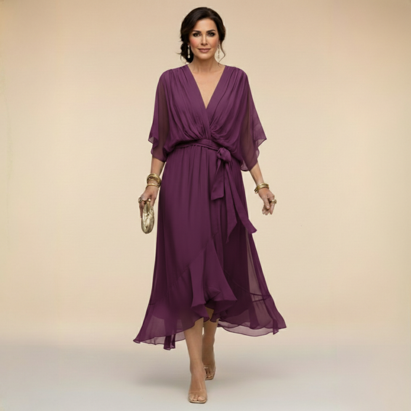 Celanovia™ Elegant Chiffon Dress with V-Neck