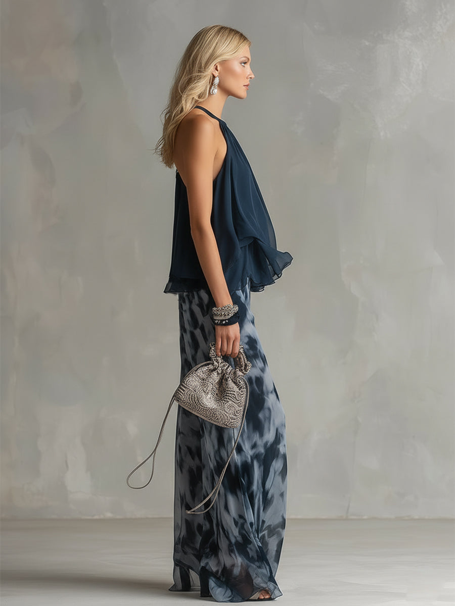 Isolde™ Elegant Chiffon Set with High Neck Top and Wide-Leg Printed Pants