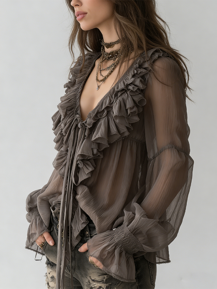 Hensira™ Gray Bohemian Blouse with Ruffles
