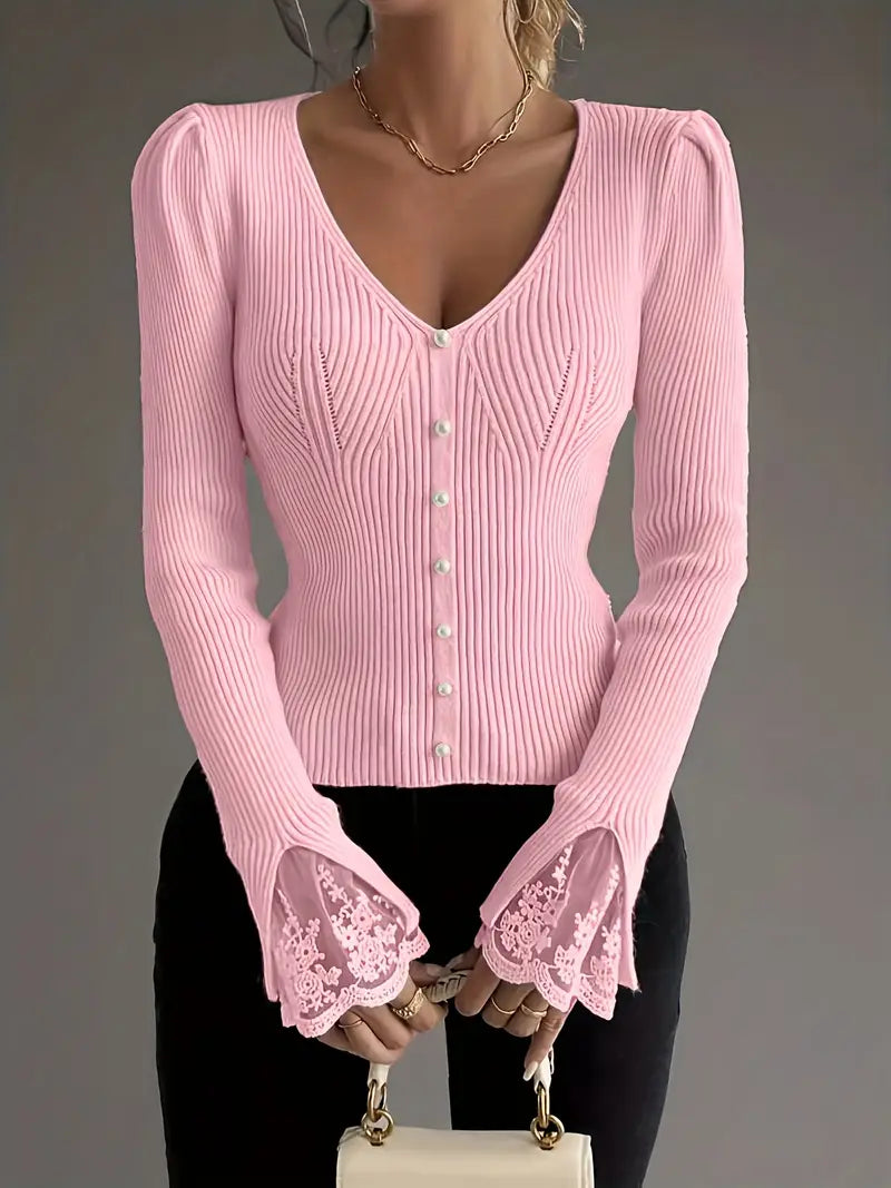 Eviorenne™ Ribbed Blouse with V-Neck and Lace Sleeves