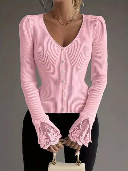 Eviorenne™ Ribbed Blouse with V-Neck and Lace Sleeves