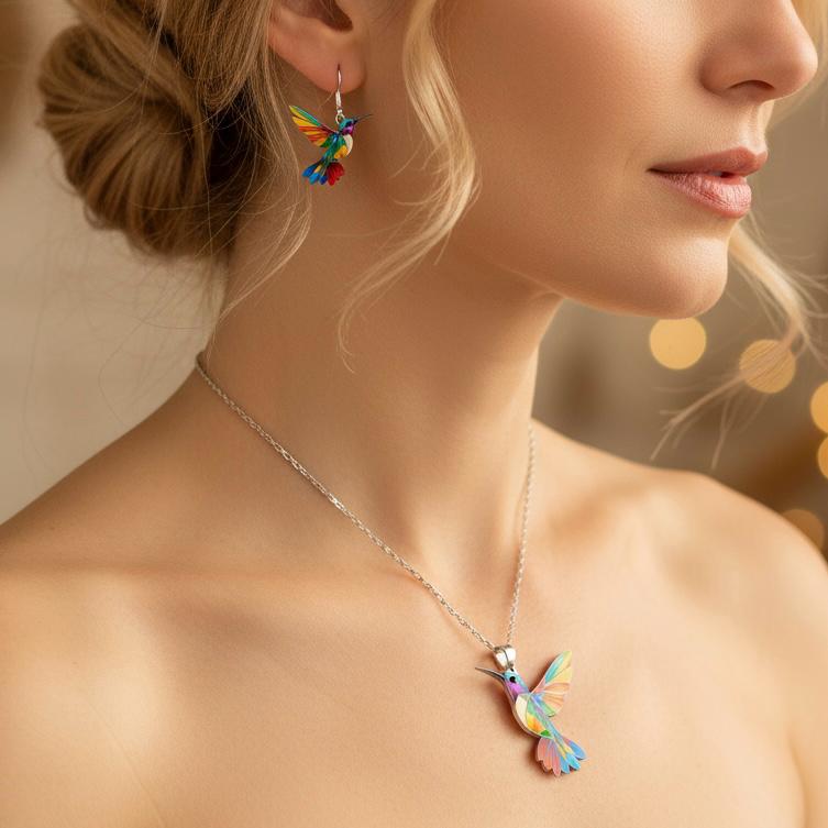 Vaila™ Rainbow Hummingbird Necklace + Matching Earrings as a Gift
