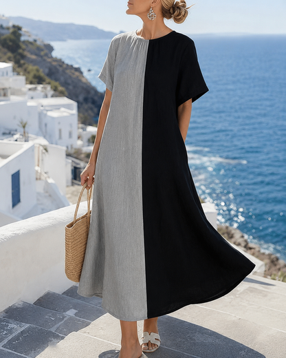 Amory™ Casual Long Dress with Round Neck and Contrasting Color