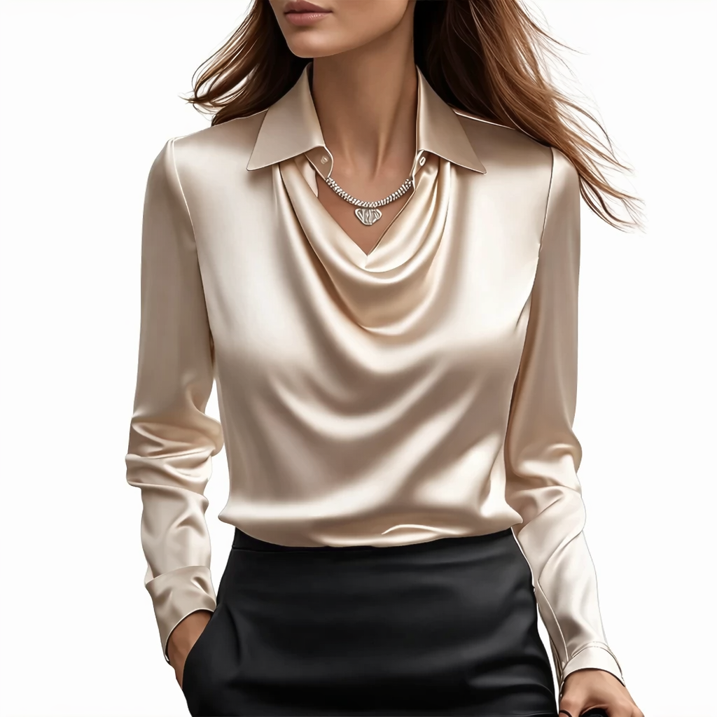 Virelle™ Elegant Satin Blouse with Draped Neckline