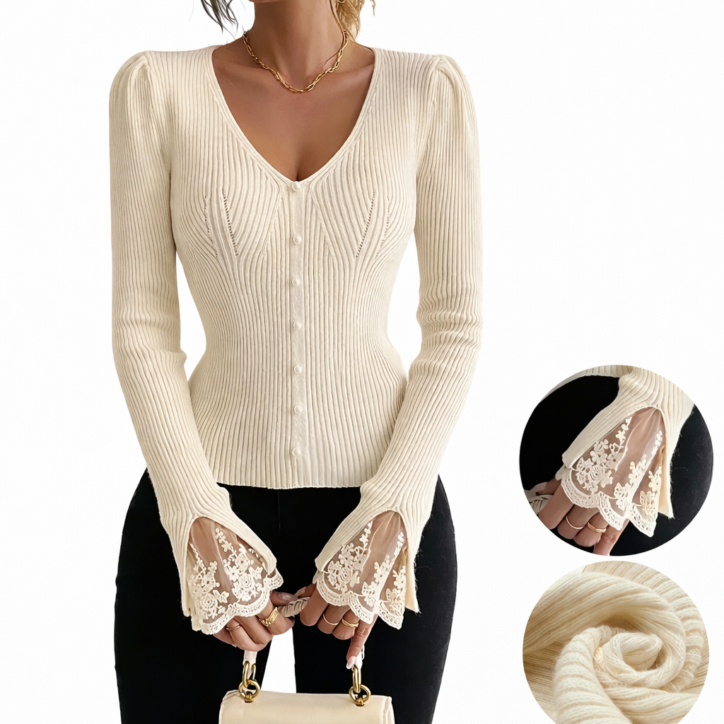 Eviorenne™ Ribbed Blouse with V-Neck and Lace Sleeves