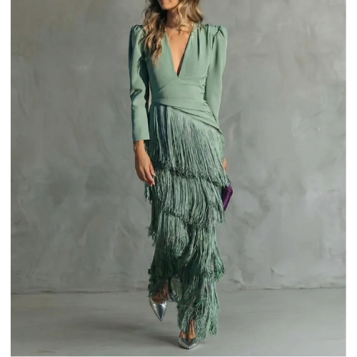 Sienna™ Elegant Dress with Fringe Sleeves