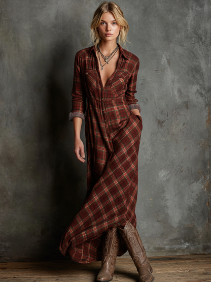 Blayra™ Women's Plaid Shirt Maxi Dress with Lapel