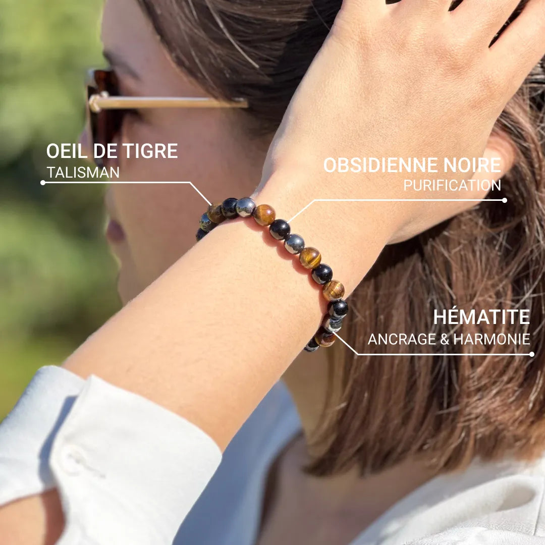 Caryra™ "3 Protections" Bracelet in Tiger's Eye, Hematite, and Black Obsidian