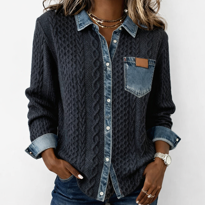 LUMÉRA™ Patchwork Fabric Top with Denim Details