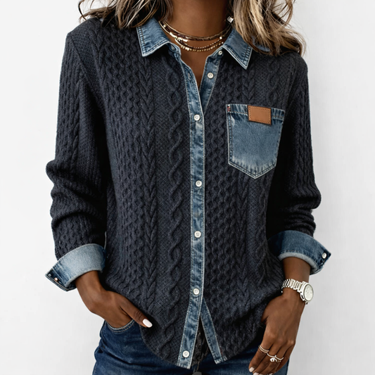 LUMÉRA™ Patchwork Fabric Top with Denim Details