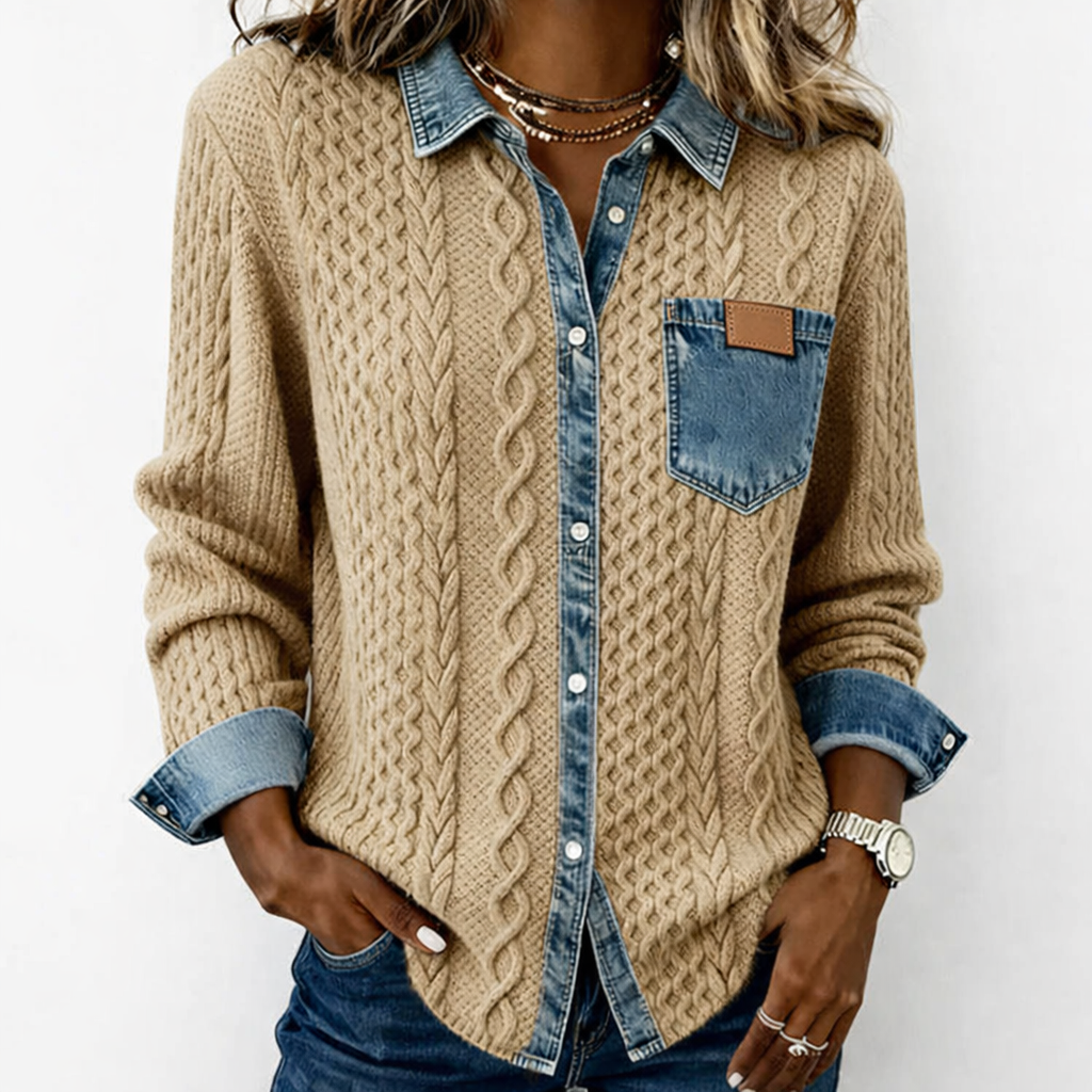 LUMÉRA™ Patchwork Fabric Top with Denim Details