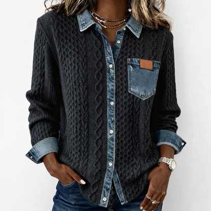 LUMÉRA™ Patchwork Fabric Top with Denim Details