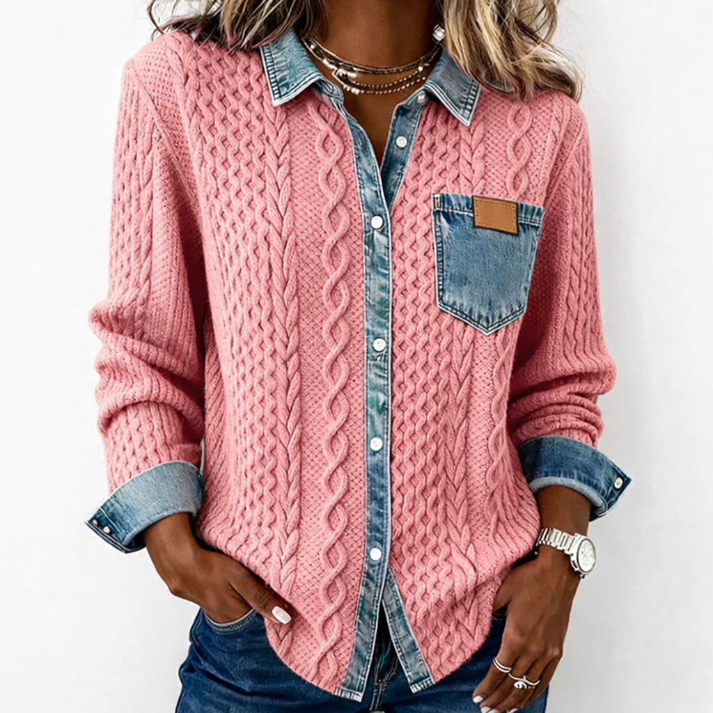 LUMÉRA™ Patchwork Fabric Top with Denim Details