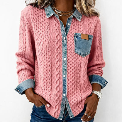 LUMÉRA™ Patchwork Fabric Top with Denim Details