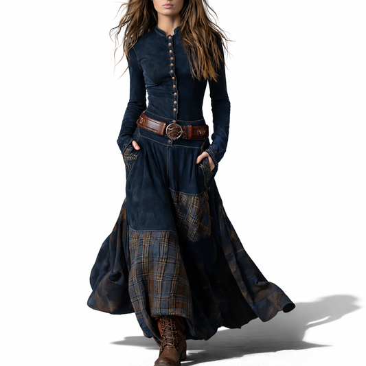 Elira™ Vintage Long Suede Checkered Dress (with Belt)