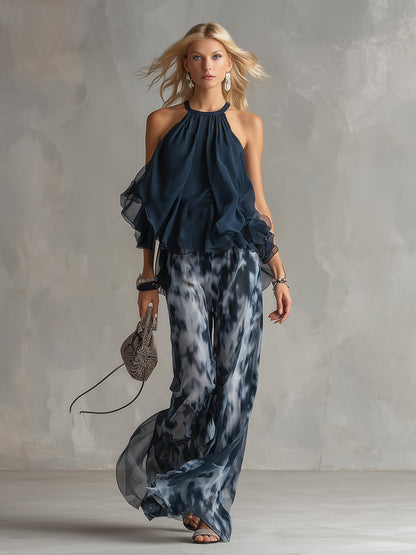 Isolde™ Elegant Chiffon Set with High Neck Top and Wide-Leg Printed Pants