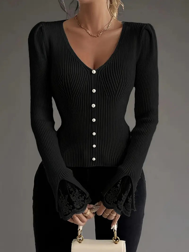 Eviorenne™ Ribbed Blouse with V-Neck and Lace Sleeves