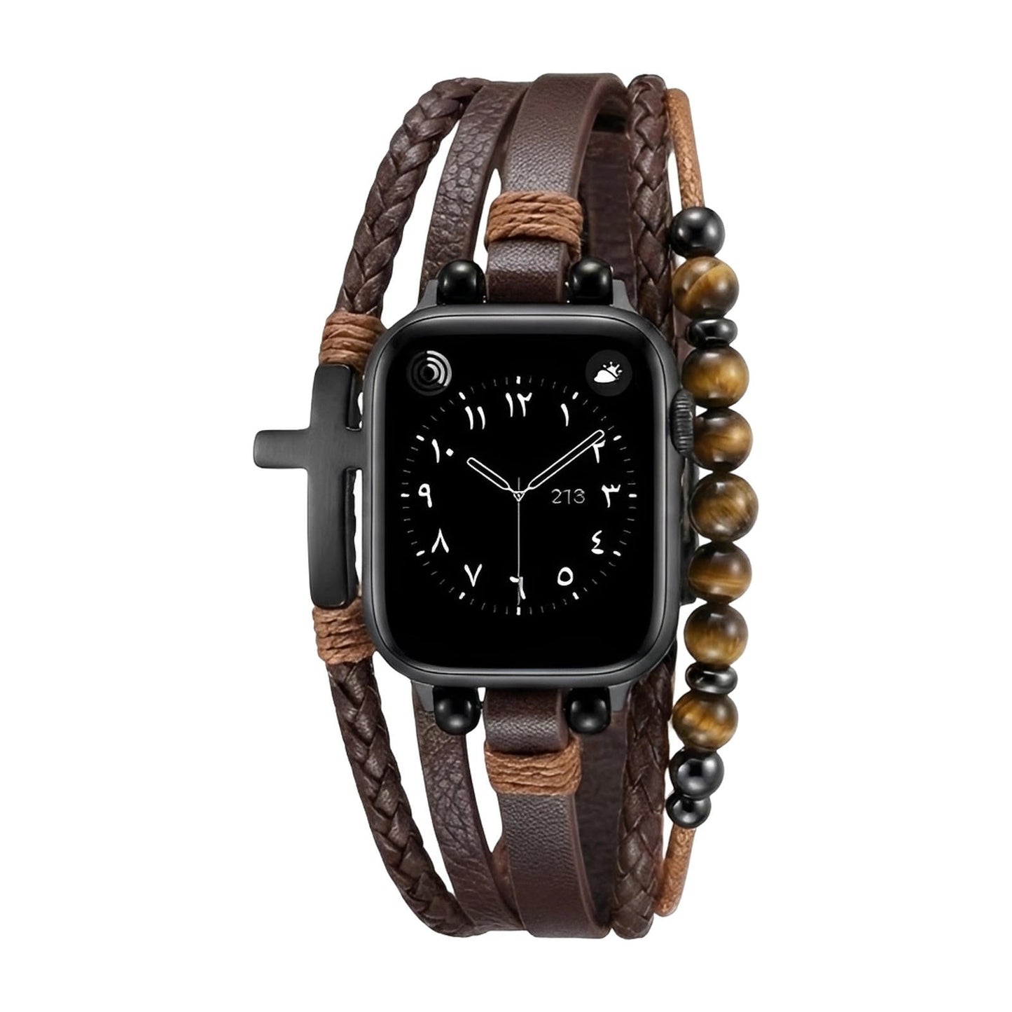 Chase™ Multi-Layer Bracelet for Apple Watch with Tiger Eye and Black Cross in Adjustable Vegan Leather