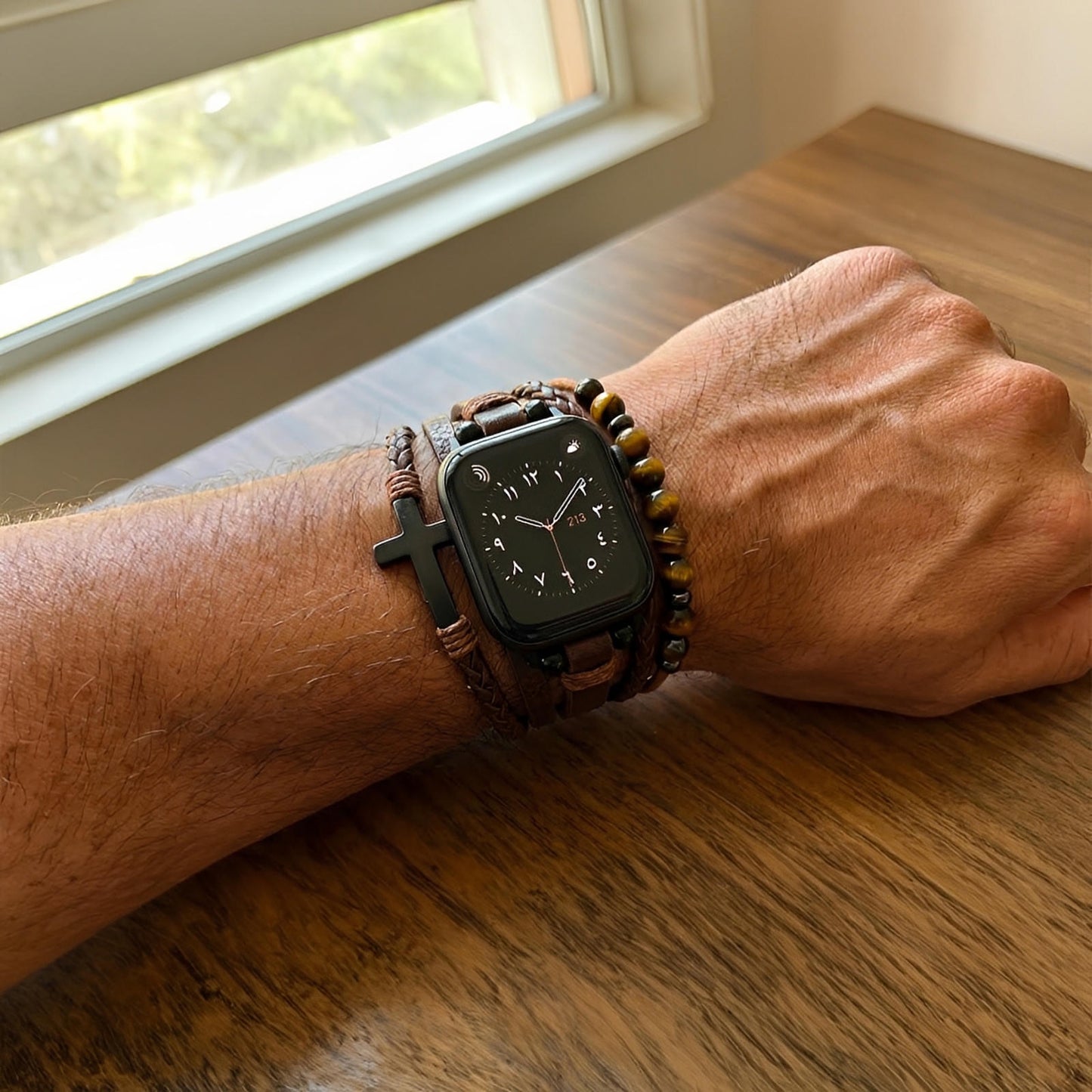 Chase™ Multi-Layer Bracelet for Apple Watch with Tiger Eye and Black Cross in Adjustable Vegan Leather