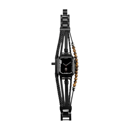 Chase™ Multi-Layer Bracelet for Apple Watch with Tiger Eye and Black Cross in Adjustable Vegan Leather