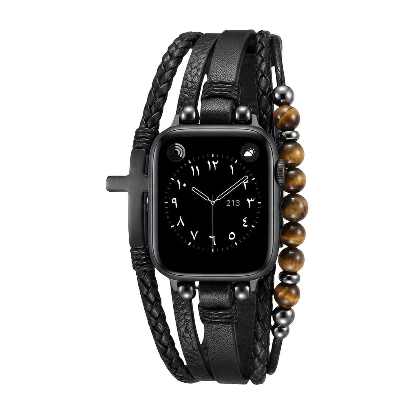 Chase™ Multi-Layer Bracelet for Apple Watch with Tiger Eye and Black Cross in Adjustable Vegan Leather
