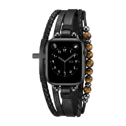 Chase™ Multi-Layer Bracelet for Apple Watch with Tiger Eye and Black Cross in Adjustable Vegan Leather