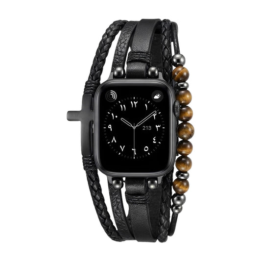 Chase™ Multi-Layer Bracelet for Apple Watch with Tiger Eye and Black Cross in Adjustable Vegan Leather