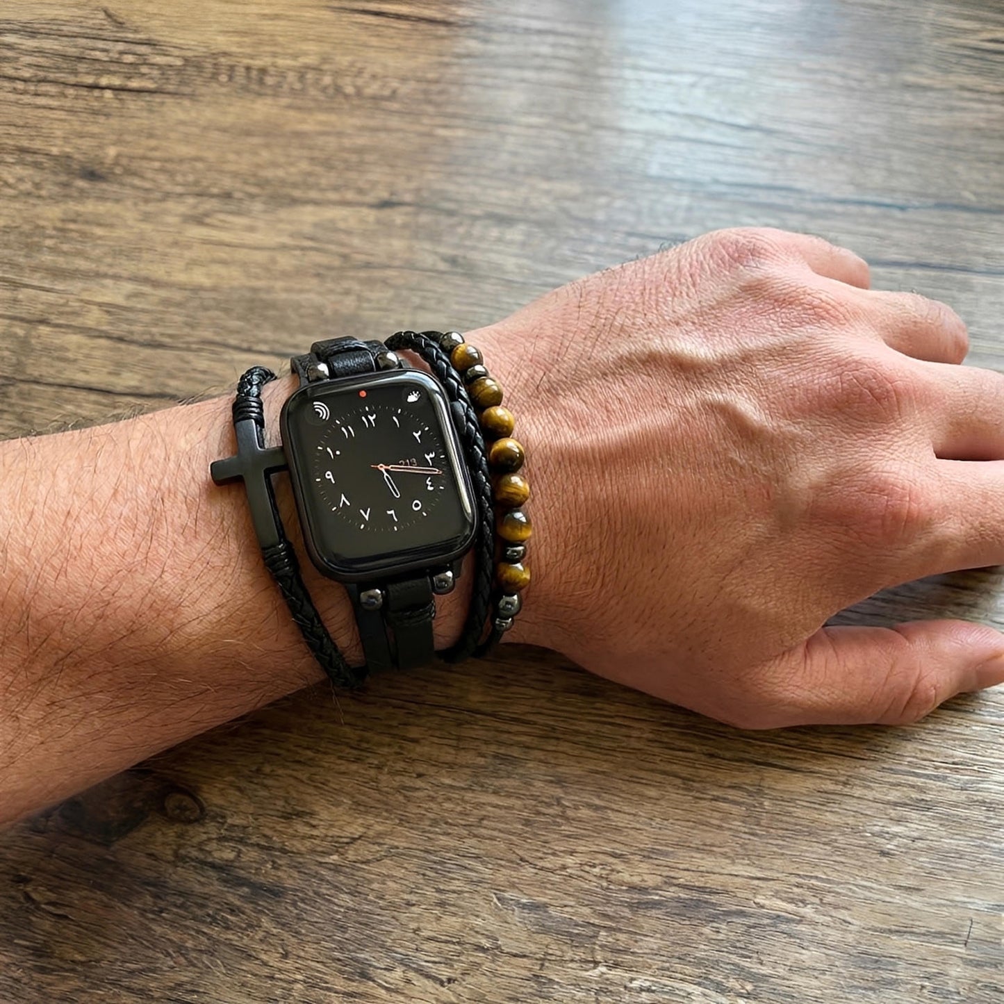 Chase™ Multi-Layer Bracelet for Apple Watch with Tiger Eye and Black Cross in Adjustable Vegan Leather