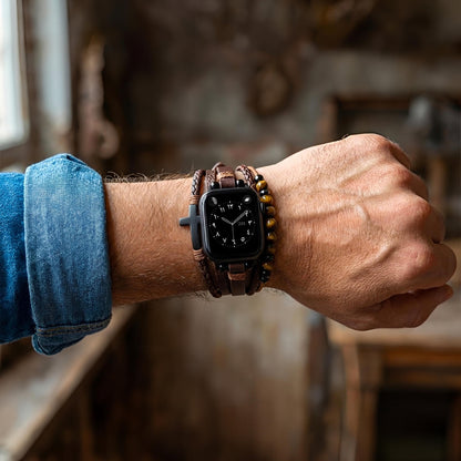 Chase™ Multi-Layer Bracelet for Apple Watch with Tiger Eye and Black Cross in Adjustable Vegan Leather