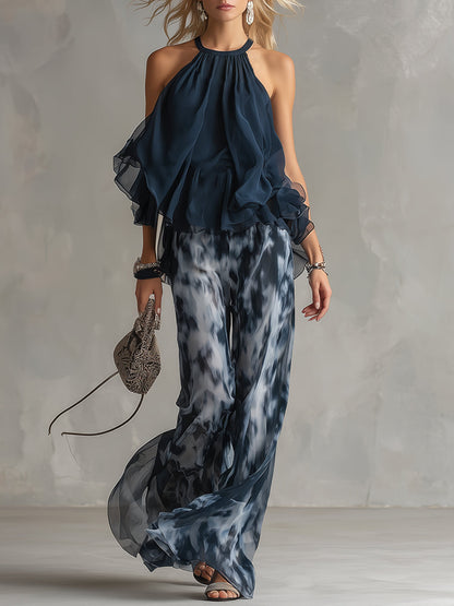 Isolde™ Elegant Chiffon Set with High Neck Top and Wide-Leg Printed Pants