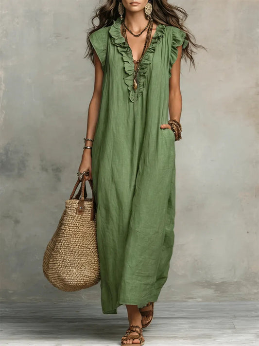 Hadira™ Casual Cotton and Linen Dress with Ruffles and Artistic Style