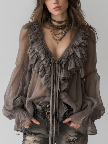 Hensira™ Gray Bohemian Blouse with Ruffles