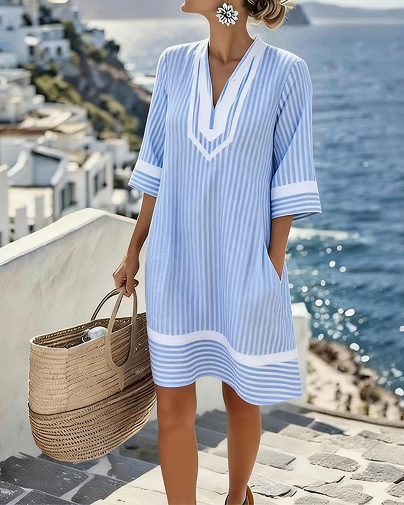 Fifer™ Short Sleeve Striped Dress with V-Neck