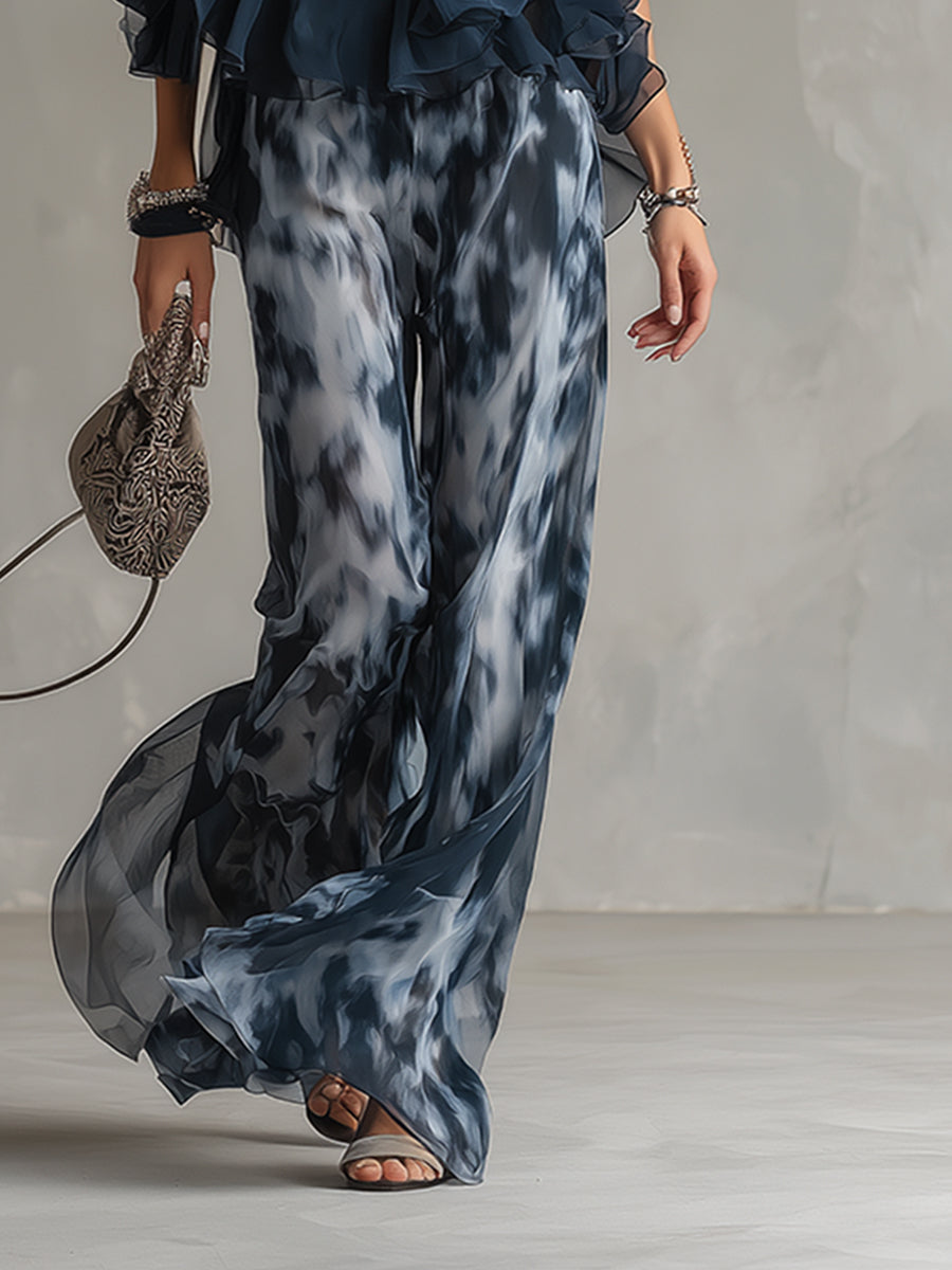 Isolde™ Elegant Chiffon Set with High Neck Top and Wide-Leg Printed Pants